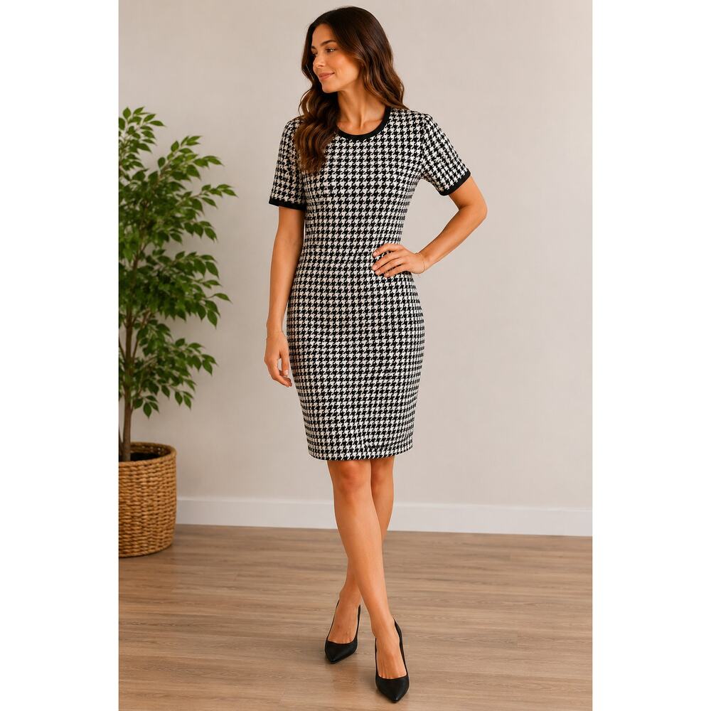Vintage Casual Corner Houndstooth Sheath Dress Womens 14 Navy White Lined